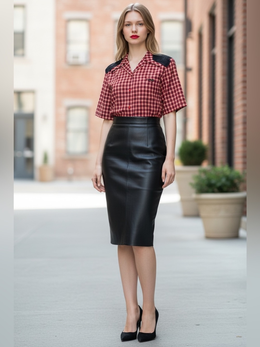 Fendi Red Checked Short-Sleeve Top with Black Shoulder Panels